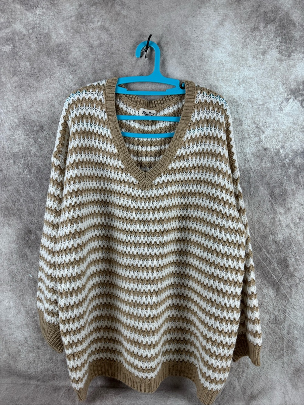 Neutral Stripe V-Neck Crochet Sweater in Beige and White 3X